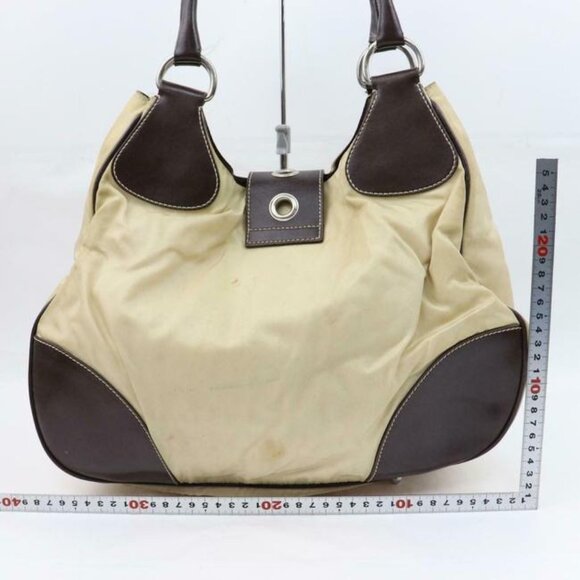 Prada Xl Hobo Style Shoulder Purse Champagne Nylon And Brown Leather With Chrome - Picture 6 of 8